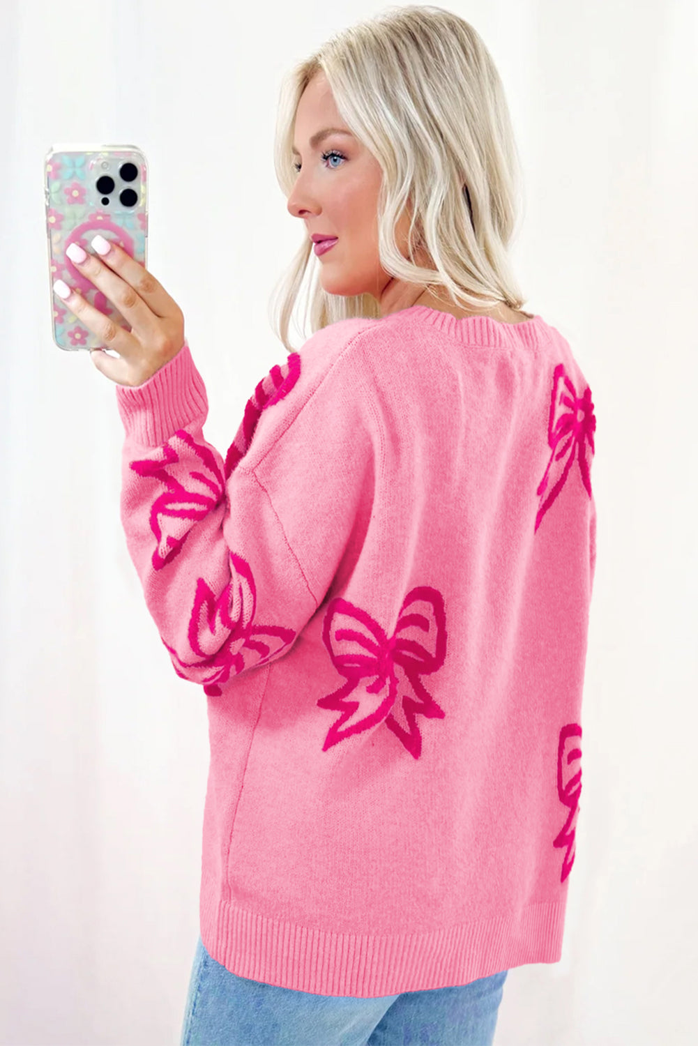 Pink Bow Pattern Loose Sweater