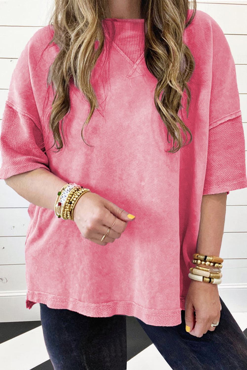 Strawberry Pink Mineral Wash Drop Sleeve Plus Size Tee