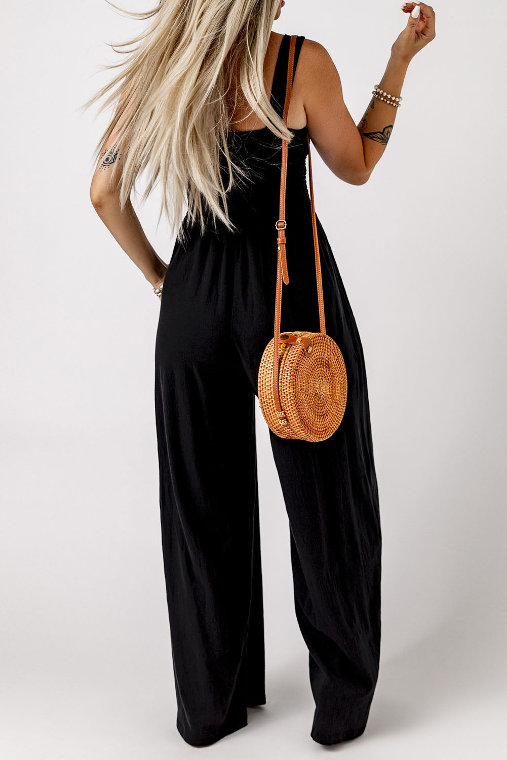 Black Sleeveless Wide Leg Jumpsuit with Pockets