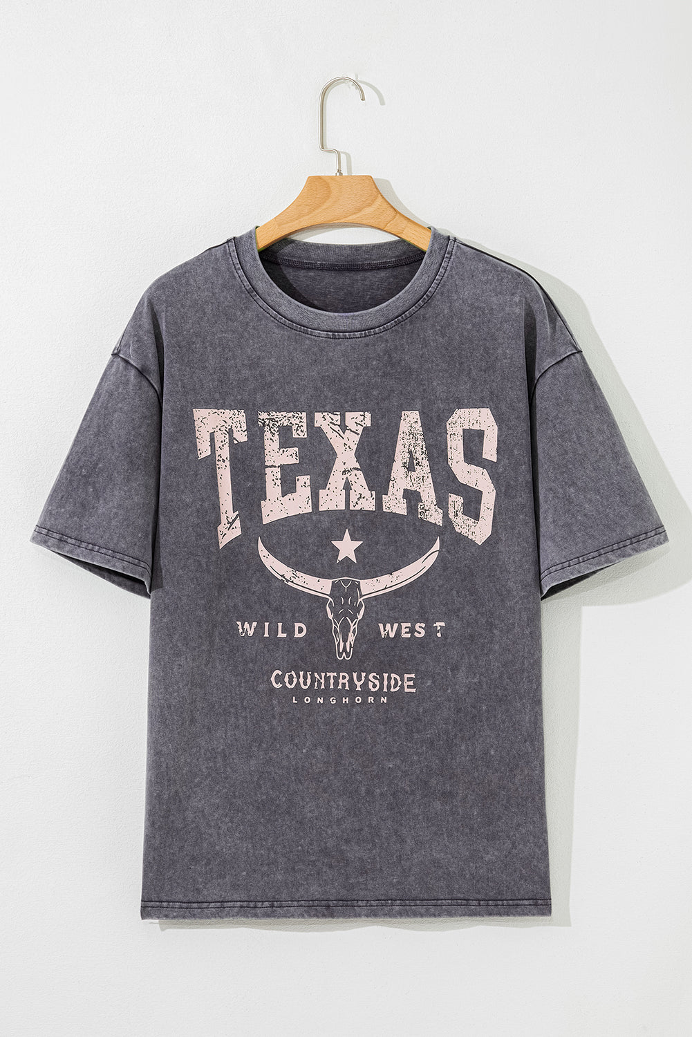 Grey ‘TEXAS’ Steer Head Mineral Wash Oversized T Shirt