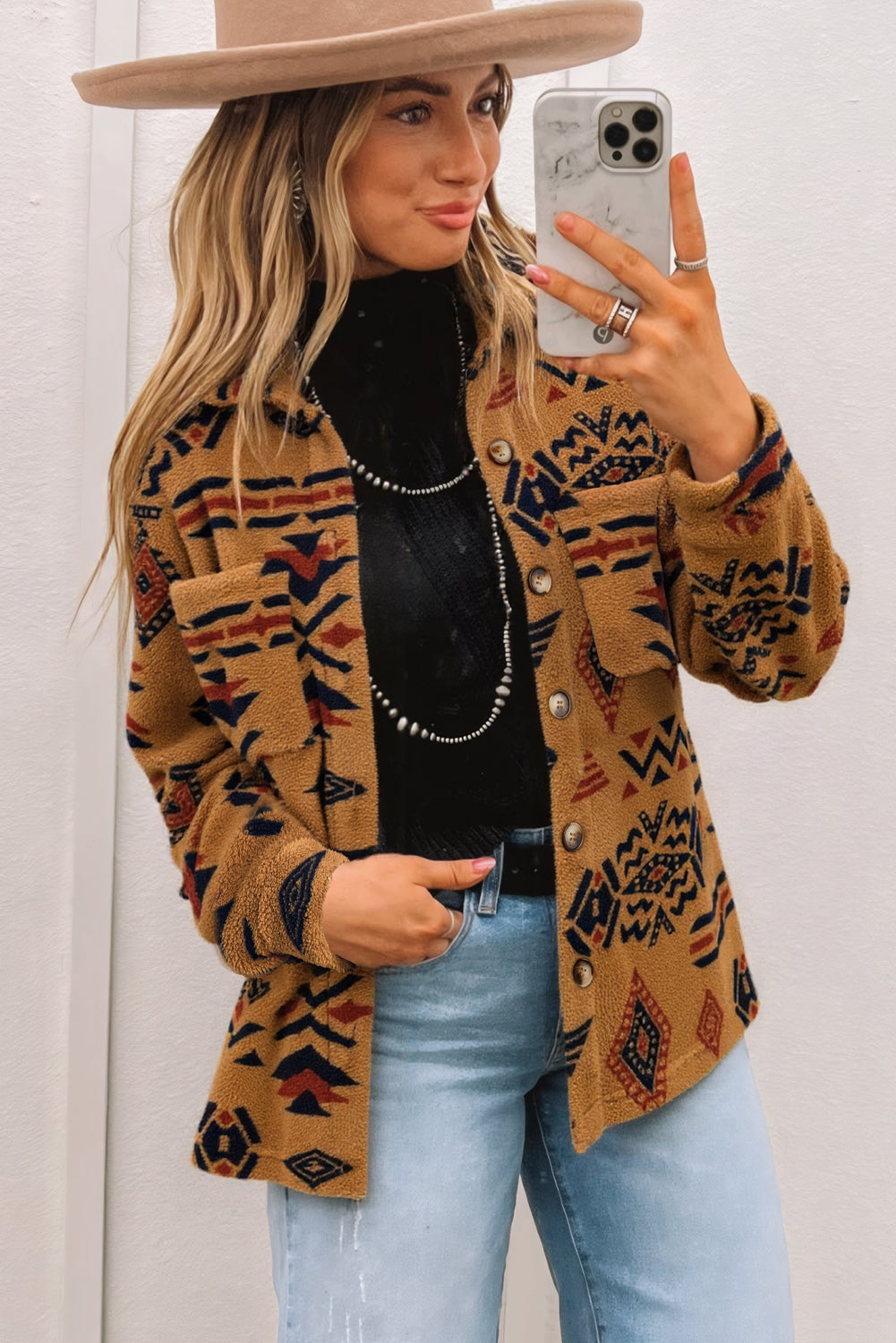Brown Western Aztec Fleece Shacket