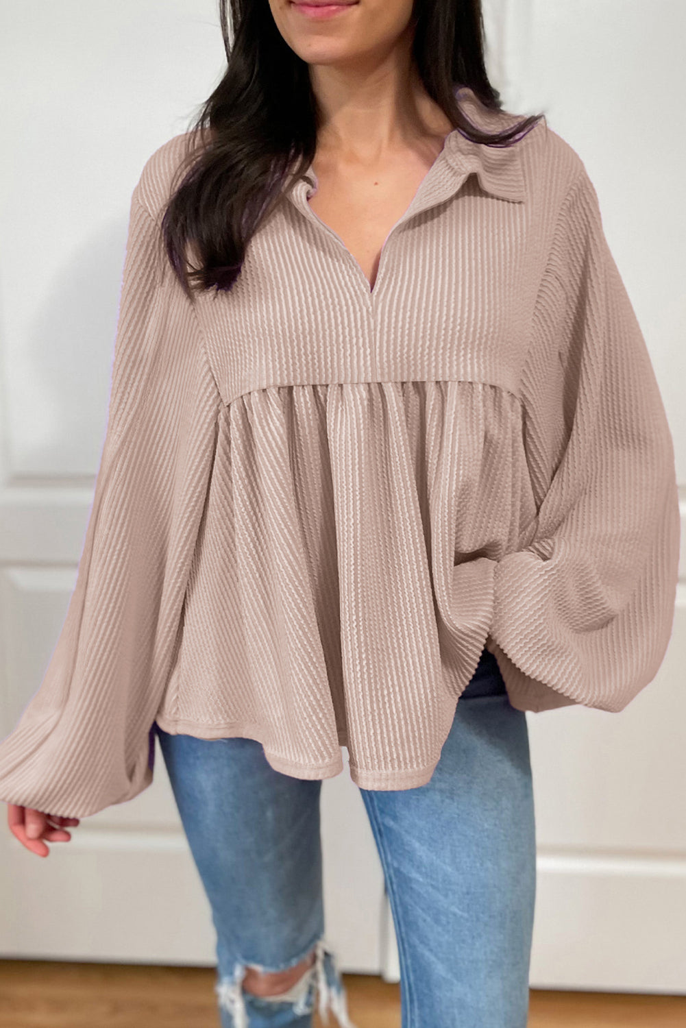 Parchment Corded V Neck Babydoll Blouse