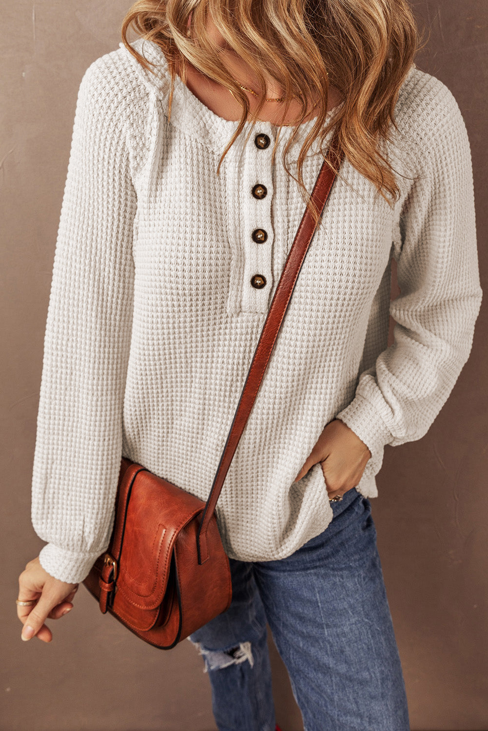 Cream Waffle Knit Buttoned Front Blouse
