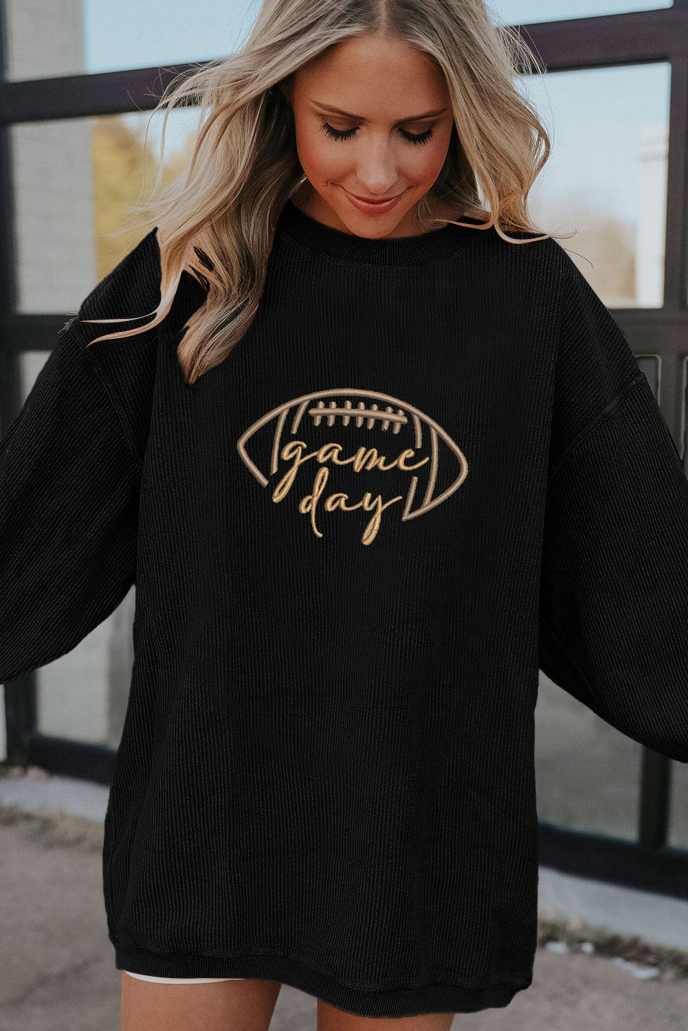 Black Football ‘Game Day’ Embroidered Corduroy Sweatshirt