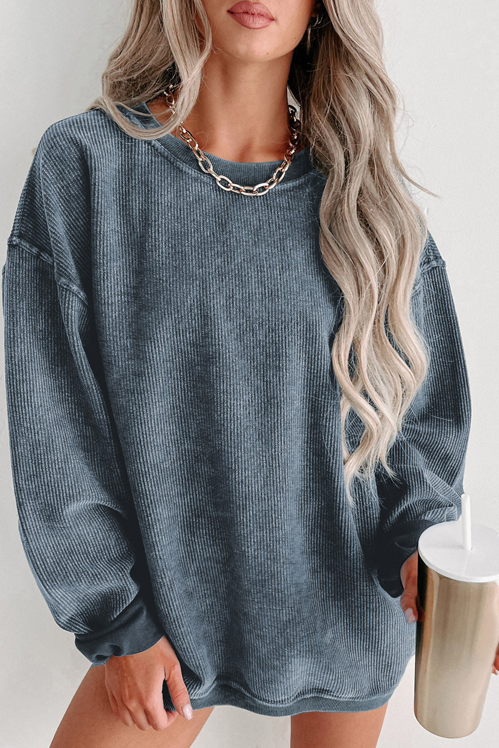 Blue Solid Ribbed Knit Pullover Sweatshirt