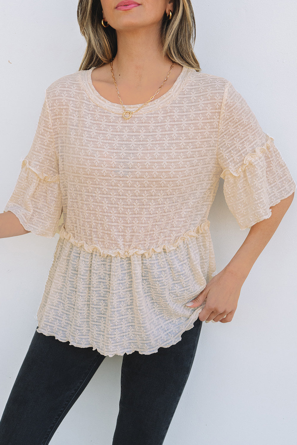 Beige Textured Short Sleeve Blouse