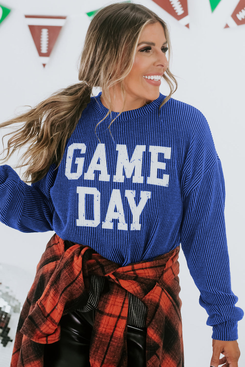 Blue Corded ‘GAME DAY’ Graphic Long Sleeve Top