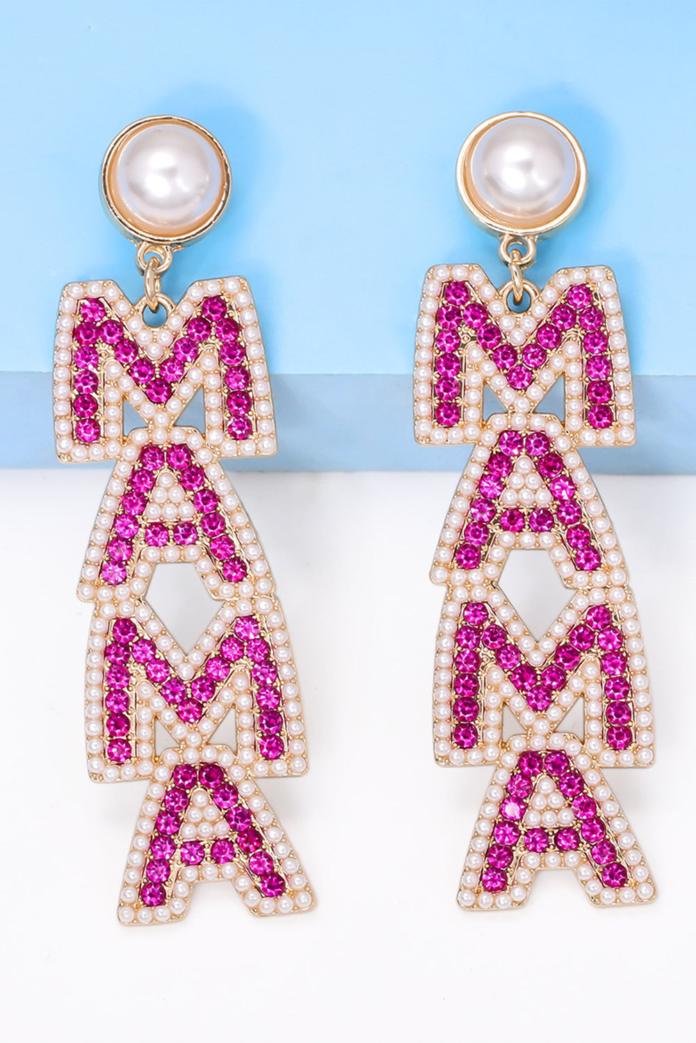 Pink MAMA Rhinestone Pearl Dangle Stud Earrings