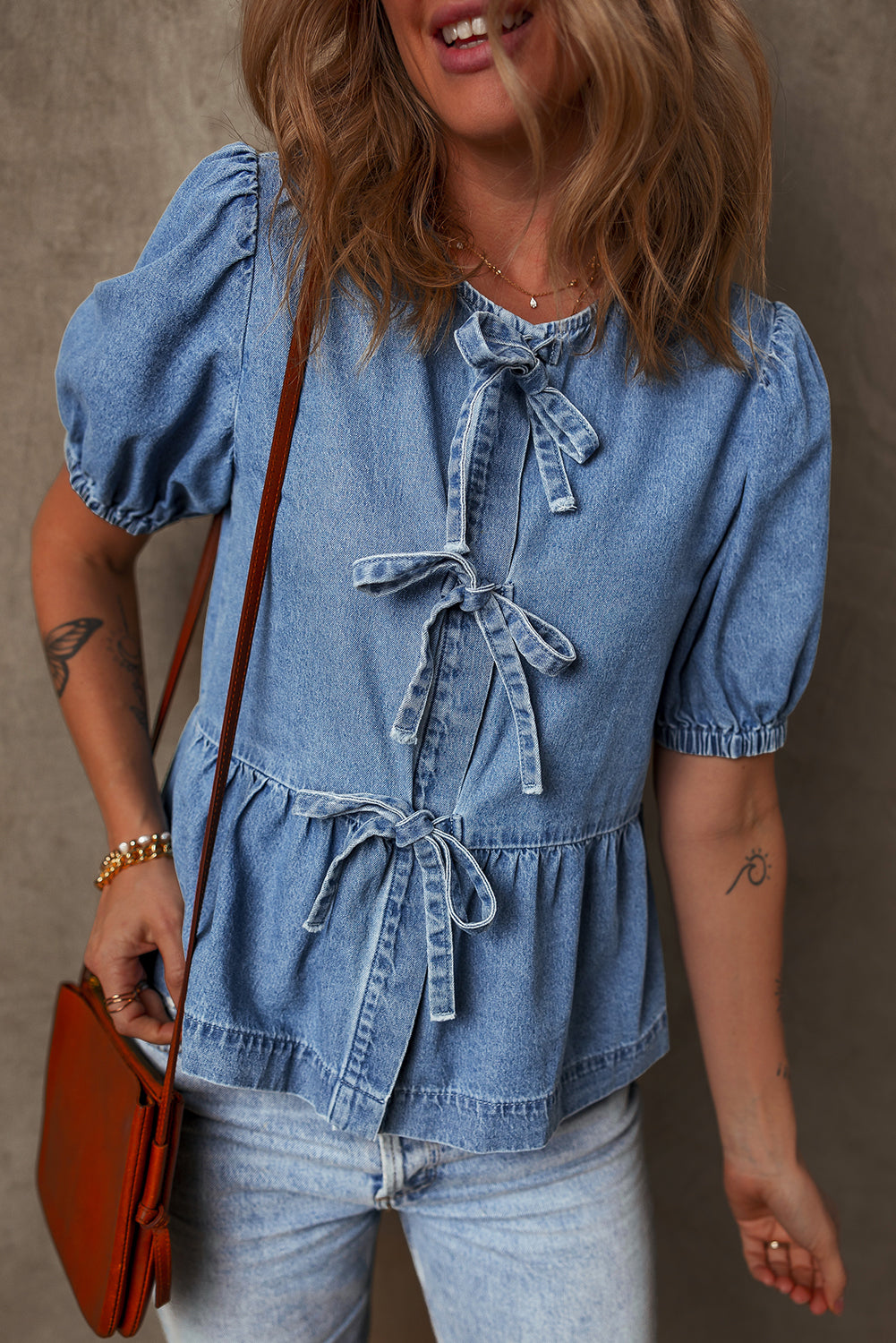 Denim Blue Tied Front Bubble Sleeve Shirt