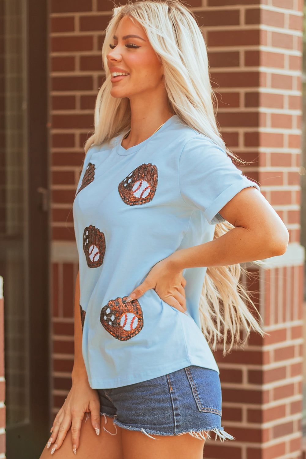 Light Blue BaseBall Sequin Patched Casual T Shirt