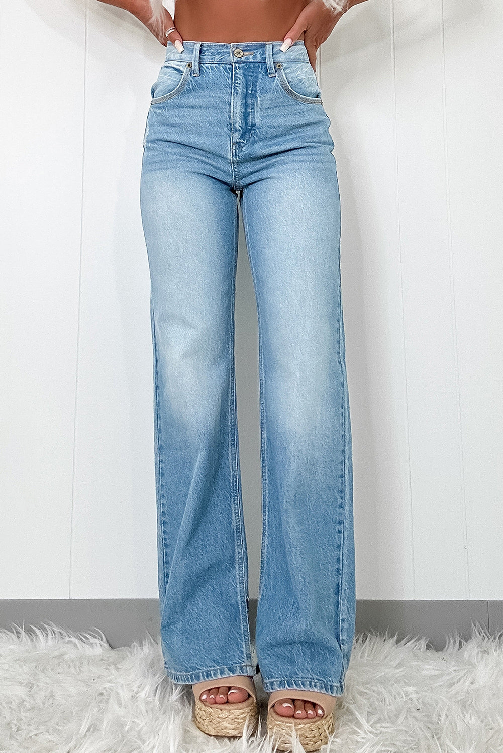 Medium Wash High Rise Slit Straight Leg Jeans