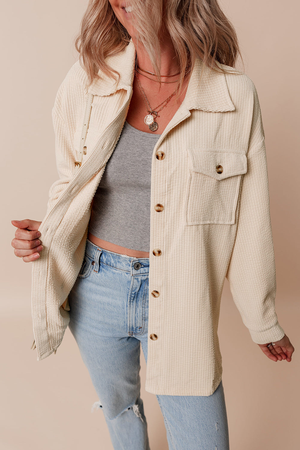 Cream Corduroy Button Up Shacket