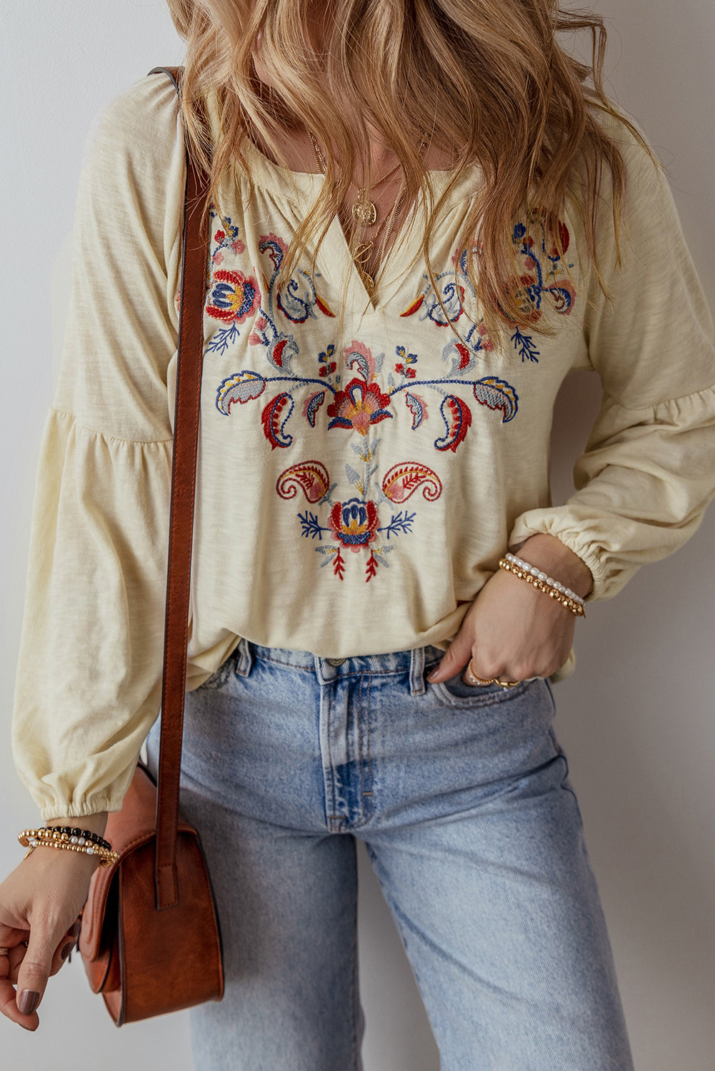 Apricot Paisley Floral Embroidered V Neck Blouse