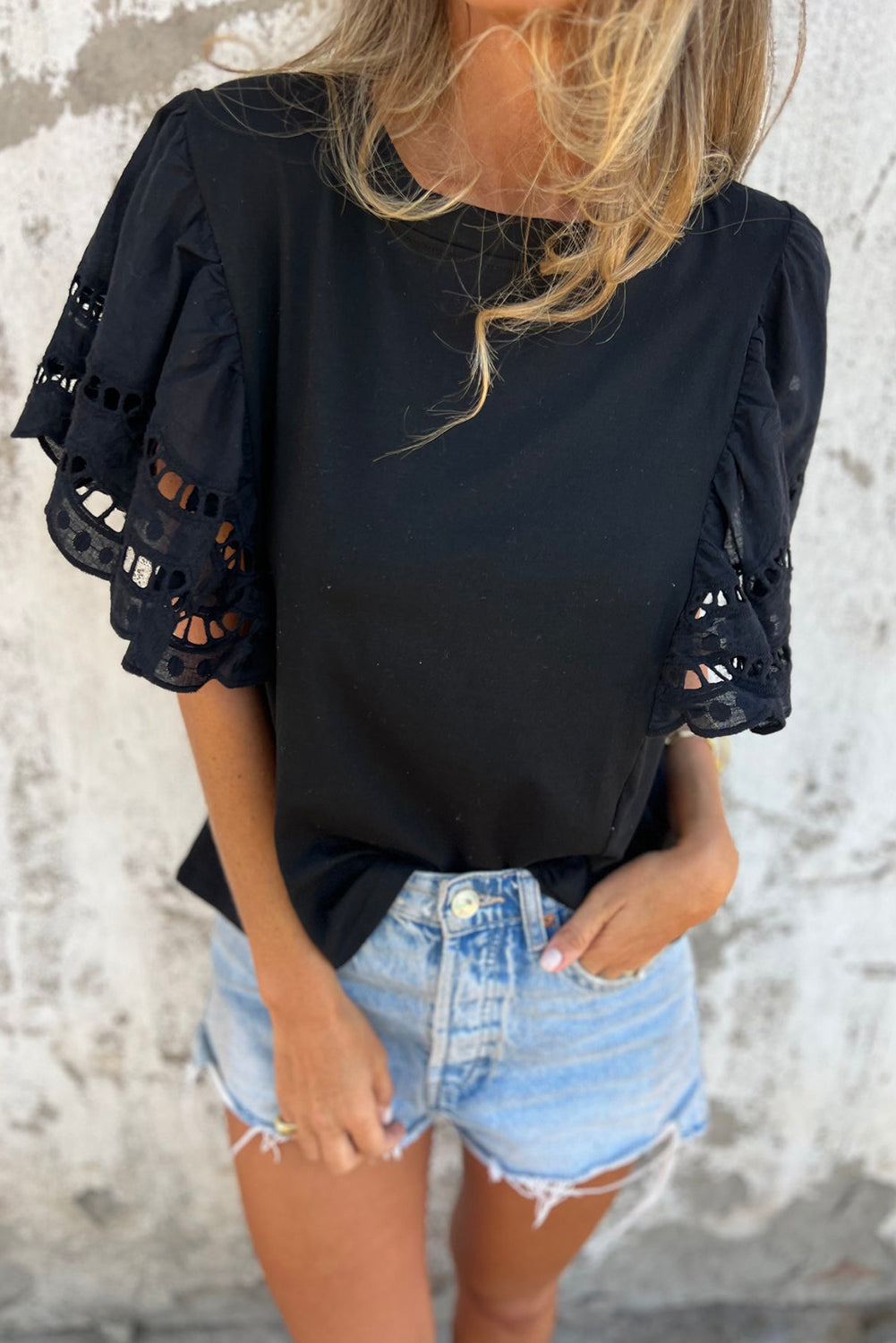 Black Hollow Out Embroidered Short Sleeve Top