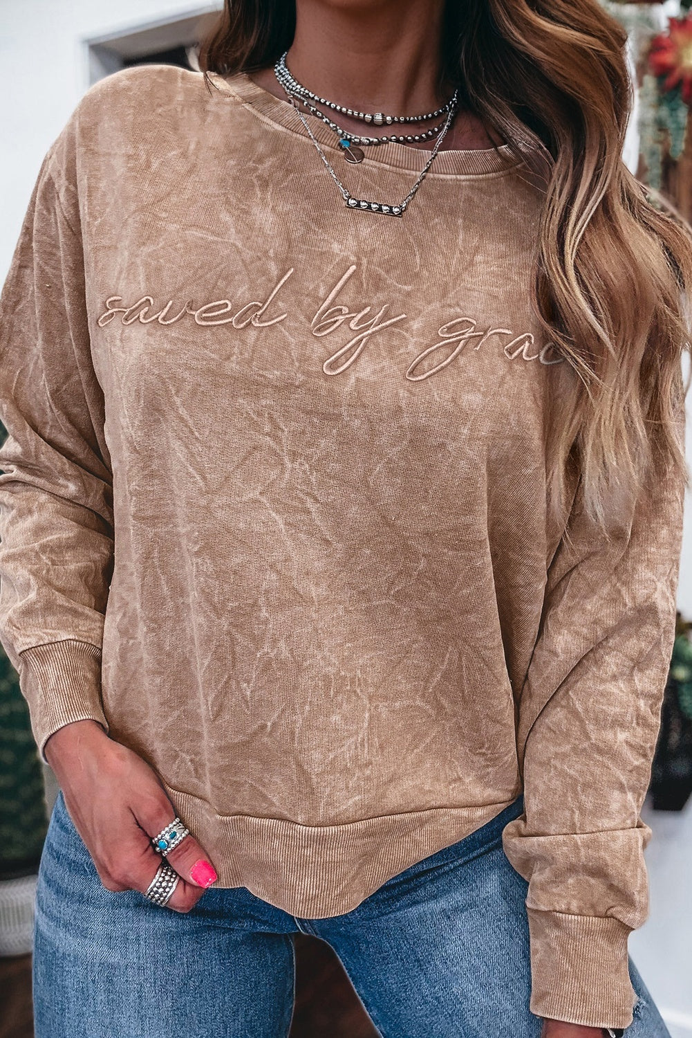 ‘saved by grace’ Letter Embroidery Mineral Wash Sweatshirt