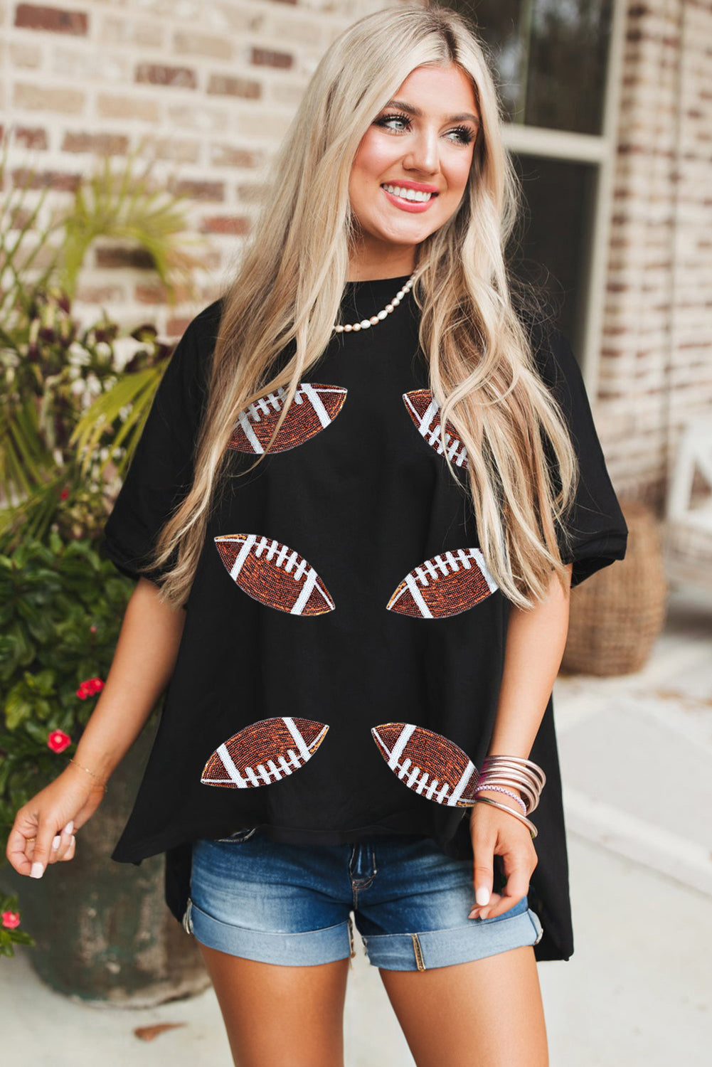 Black Sequin Football Crewneck T Shirt