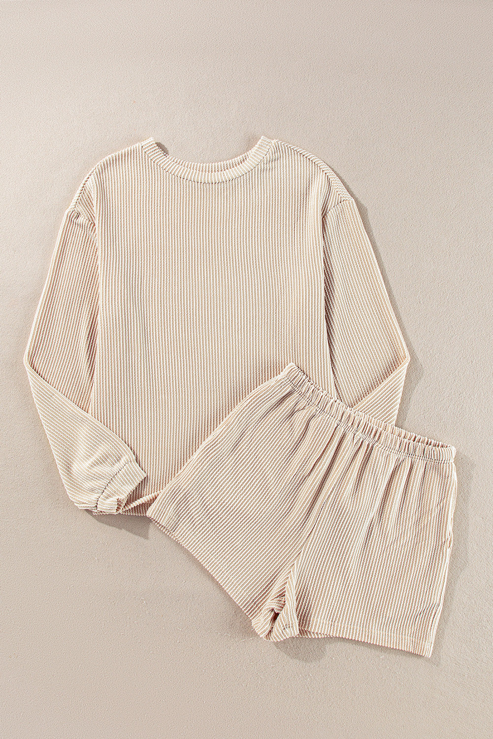 Beige Corded Knit Long Sleeve Top and High Waist Shorts Set