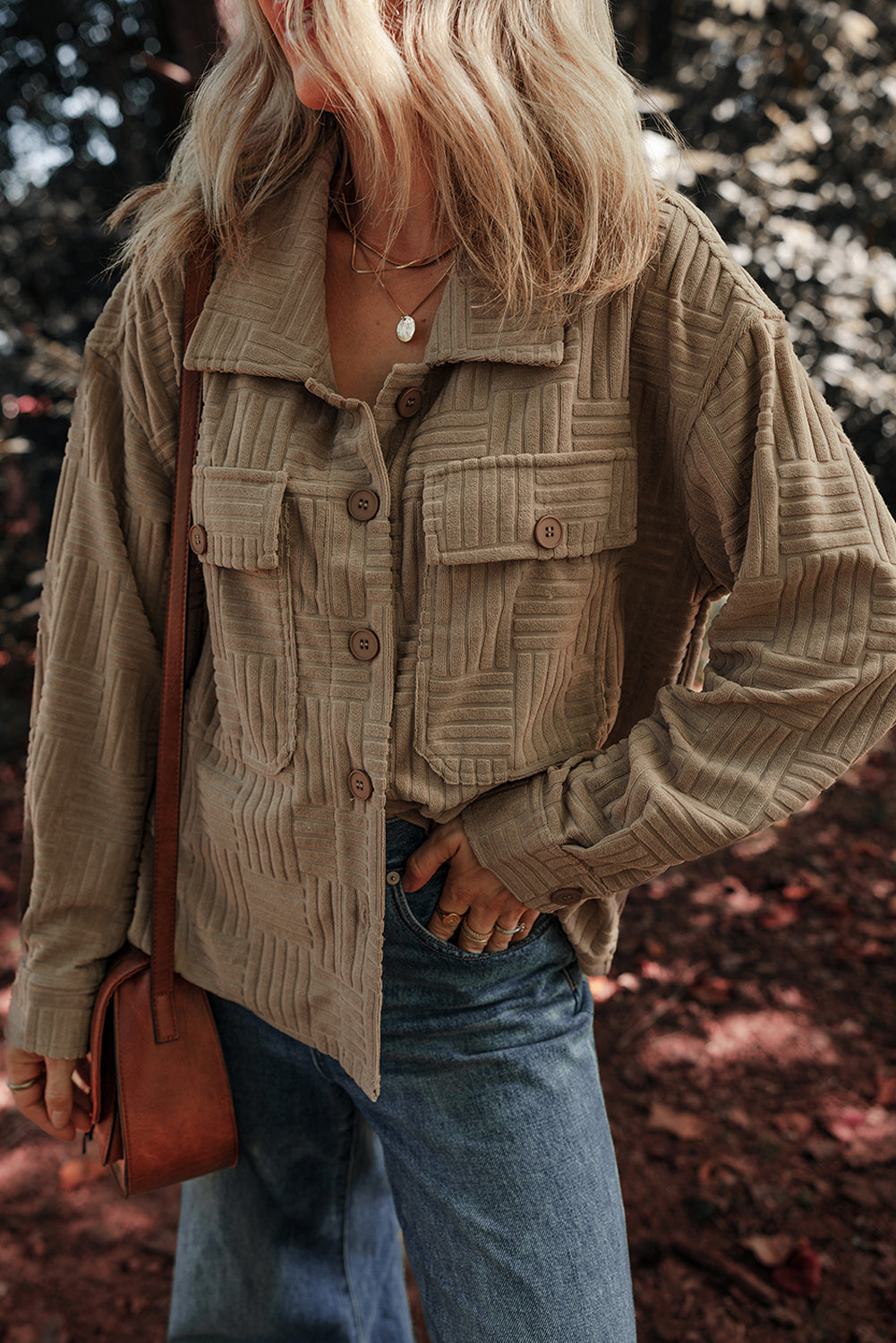 Khaki Textured Pocket Button-up Shacket