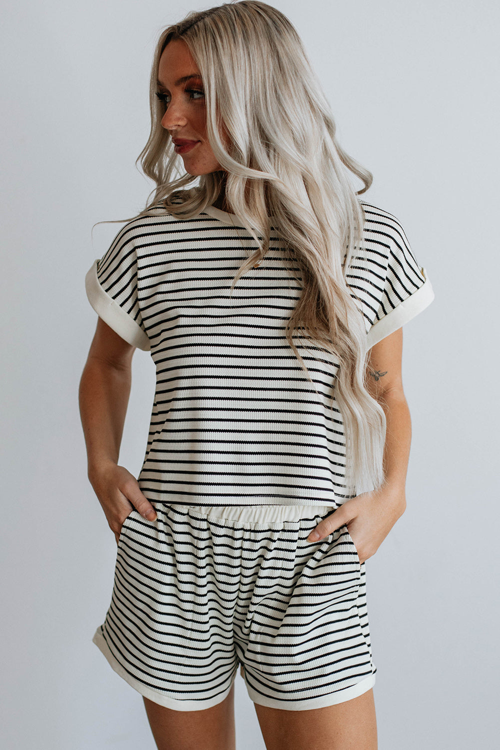 White Stripe Contrast Tee and Shorts Set