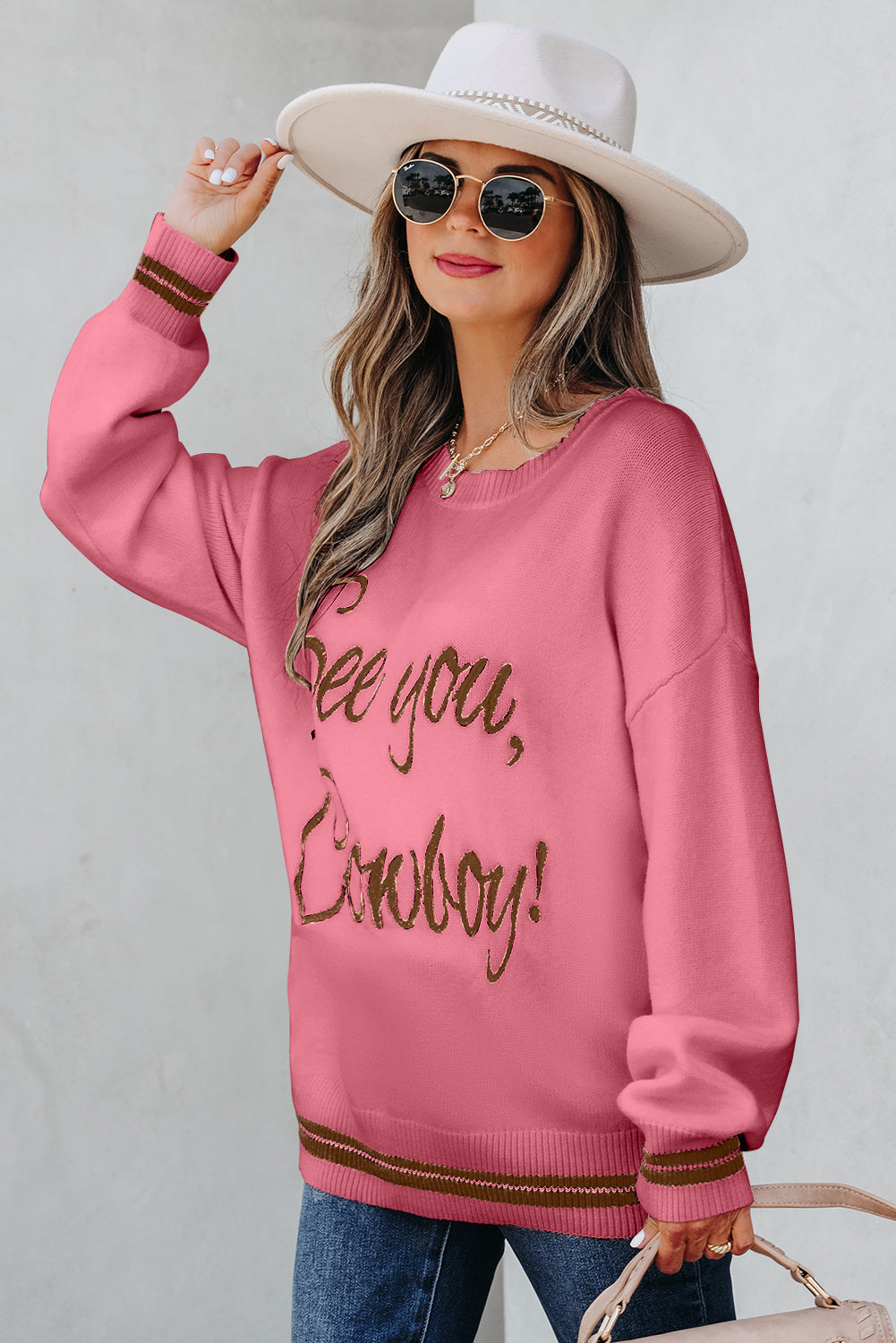Pink ‘See You Cowboy’ Embroidered Western Graphic Sweater