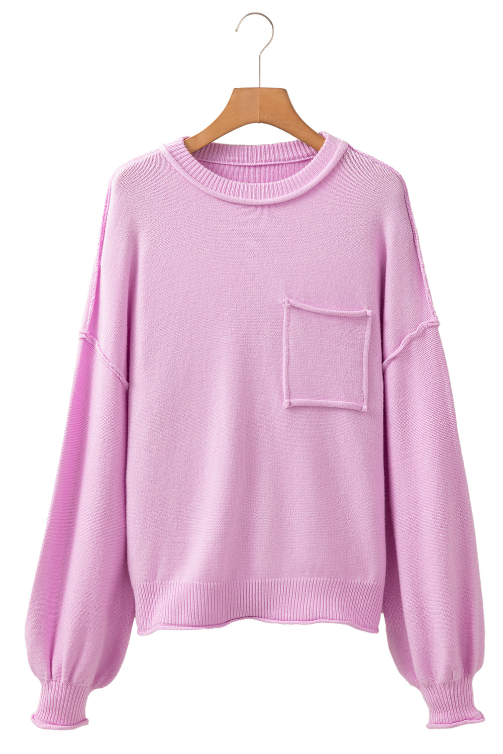 Pink Raw Edge Ribbed Drop Shoulder Sweater