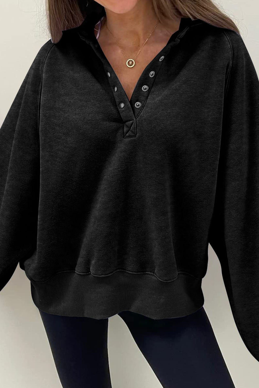 Black Solid Snap Sweatshirt