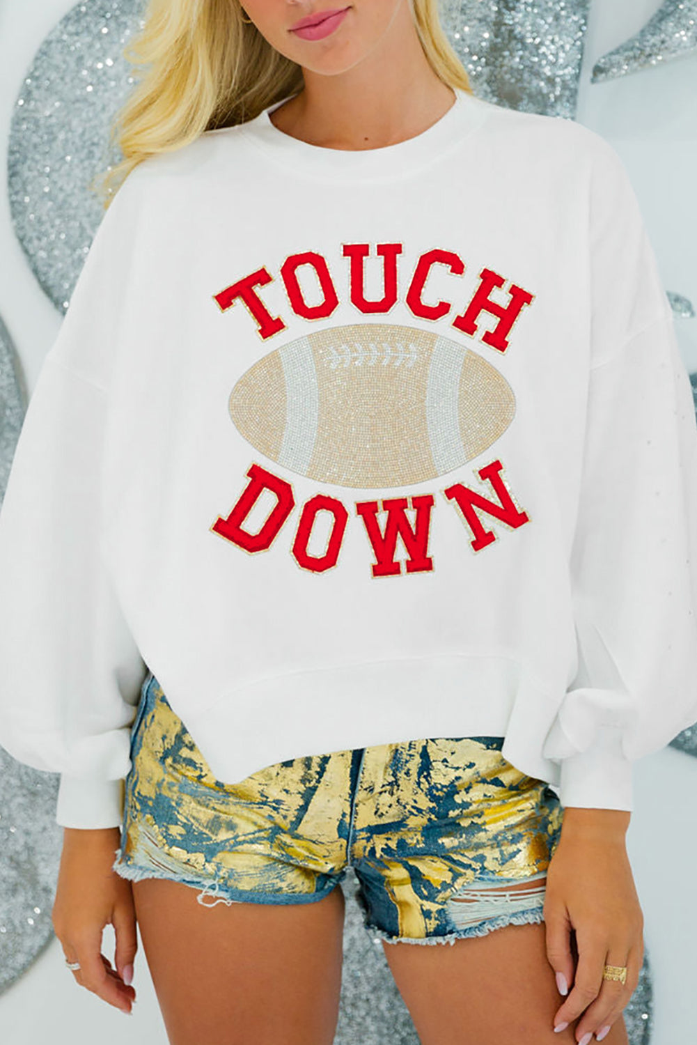 White 'TOUCH DOWN' Football  Pullover Sweatshirt