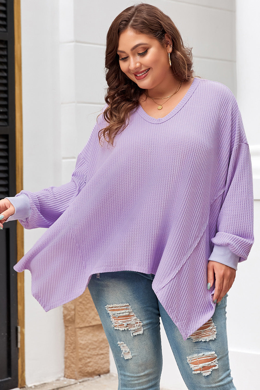 Orchid Plus Size Waffle Knit Exposed Seam Flowy Top