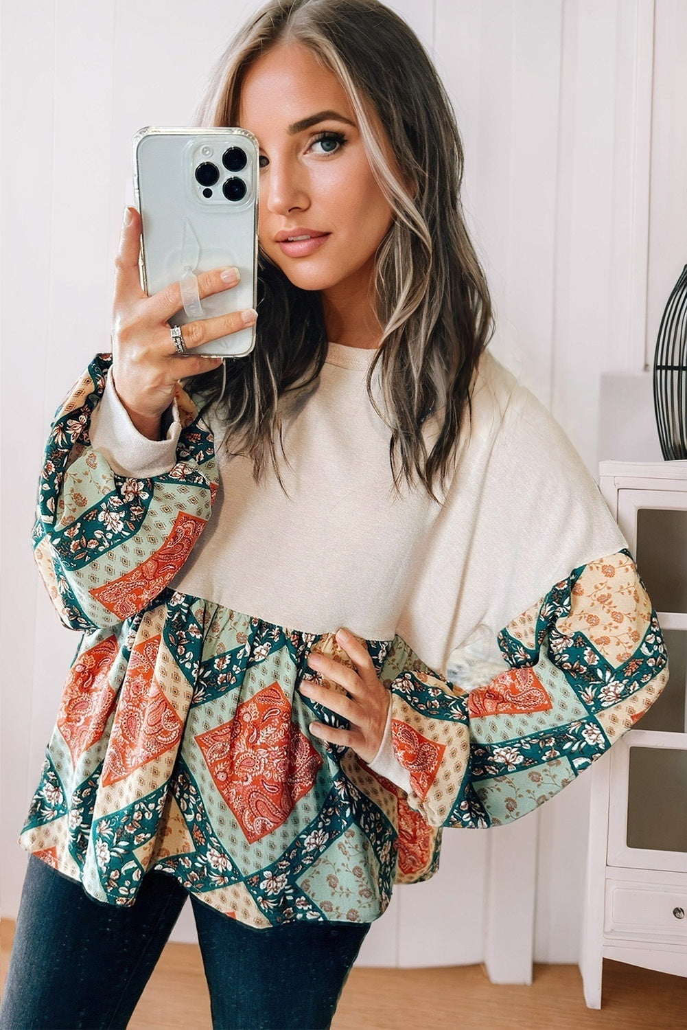 Paisley Print Geometric Patchwork Long Sleeve Top
