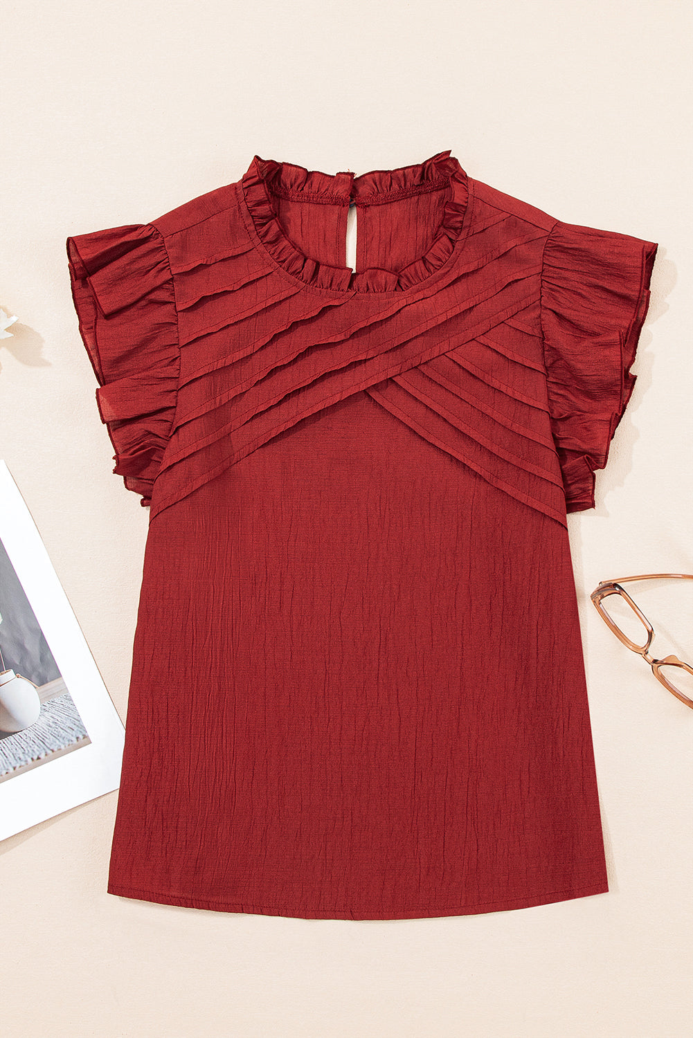 Red Pleated Ruffle Short Sleeve Blouse