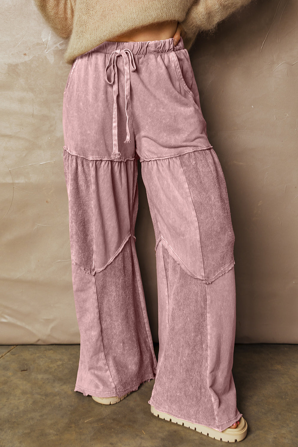 Mineral Wash Tiered Wide Leg Patchwork Pants