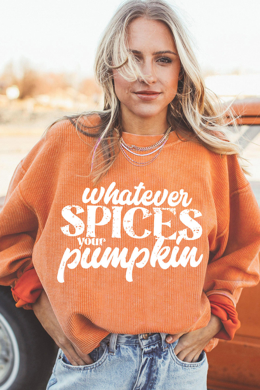 Orange ‘Whatever Spices Your Pumpkin’ Corded Pullover Sweatshirt