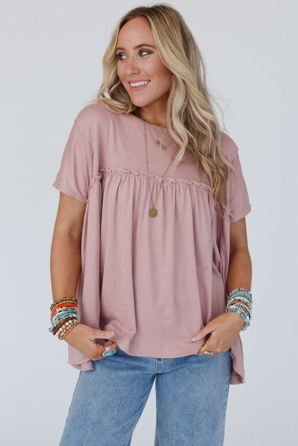 Light Pink Ruffled Trim Babydoll Tee