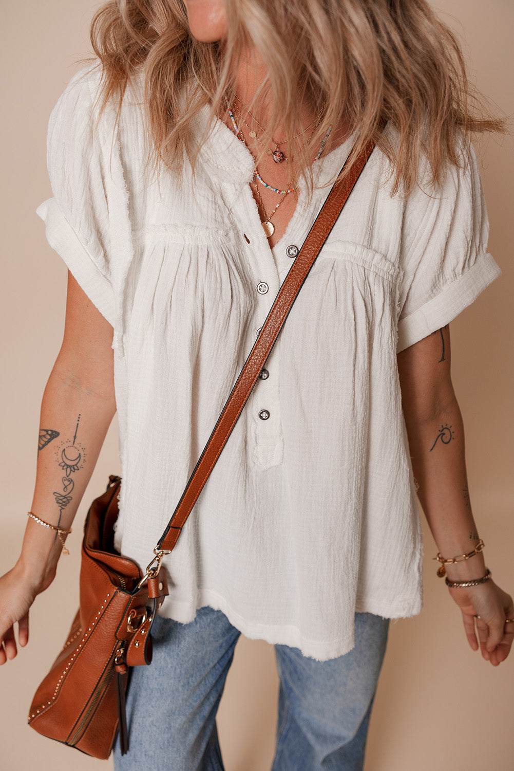 White Textured Button Down Short Sleeve Blouse