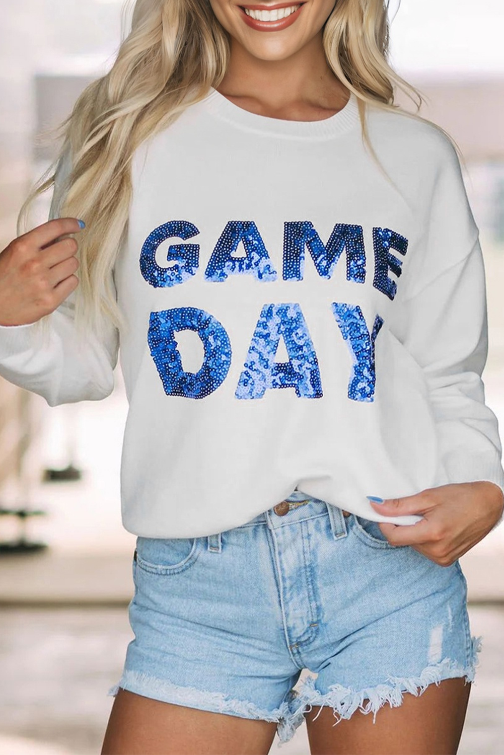 White & Blue Sequined ‘GAME DAY’ Sweater