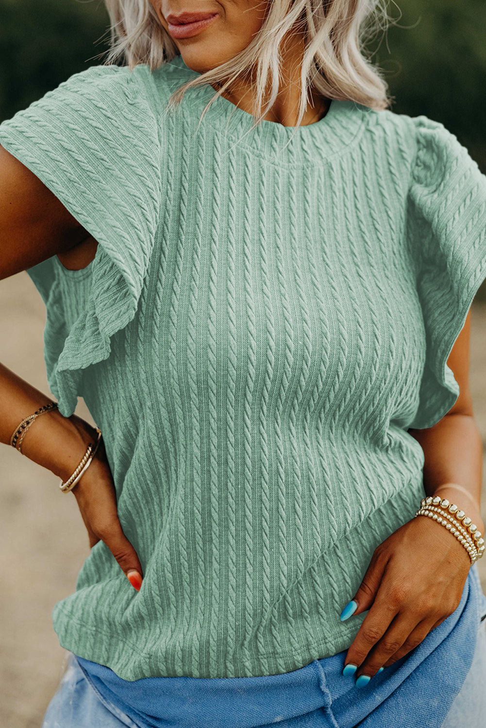 Jade Textured Flutter Sleeve Top