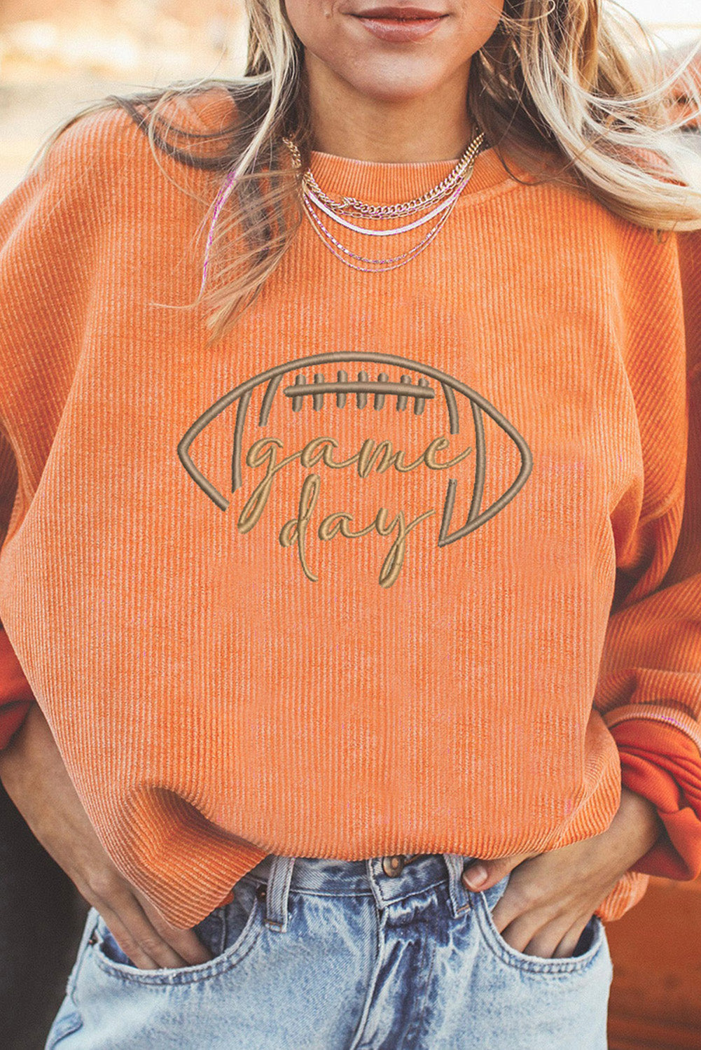 Orange Football Game Day Embroidered Corduroy Sweatshirt