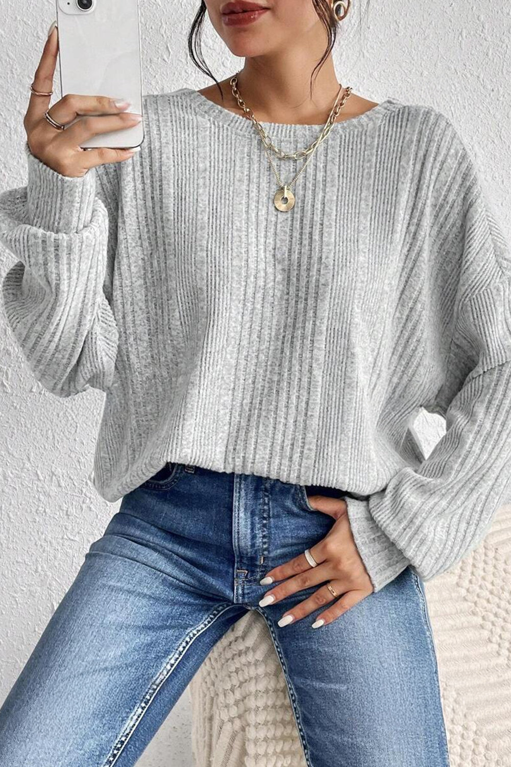 Light Grey Crossover Knit Long Sleeve Top