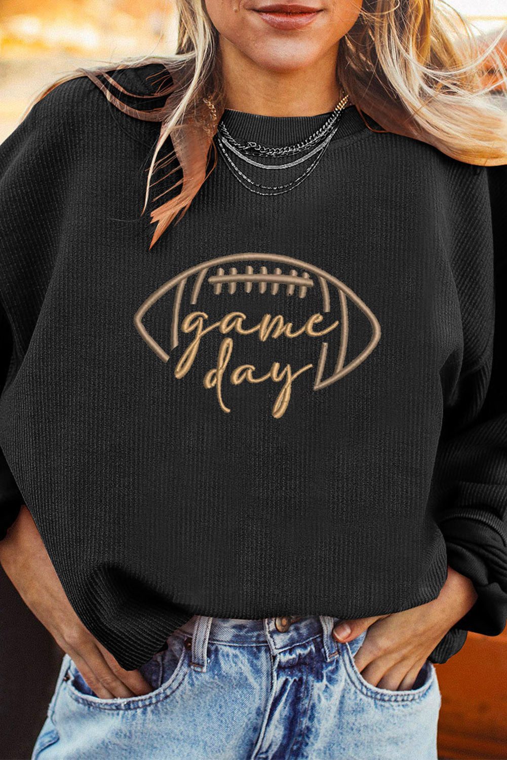 Black Football ‘Game Day’ Embroidered Corduroy Sweatshirt