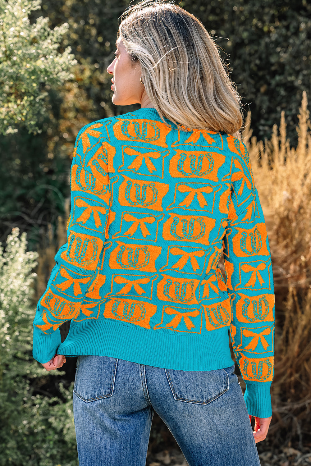 Light Blue Bows & Horseshoes Pattern Sweater
