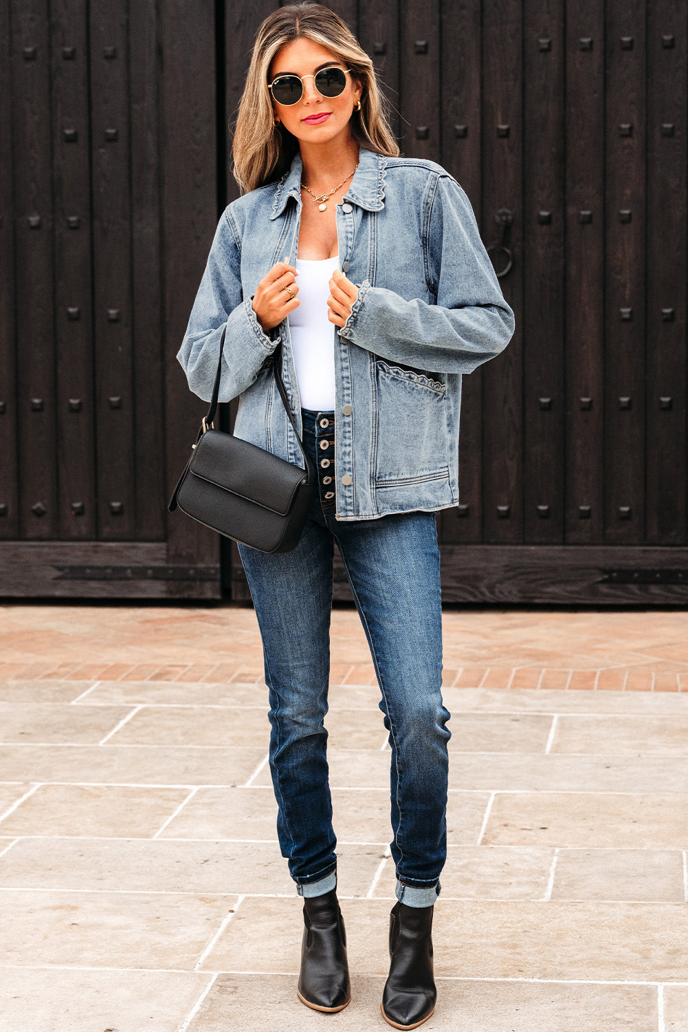 Light Wash Scallop Trim Button Up Denim Jacket