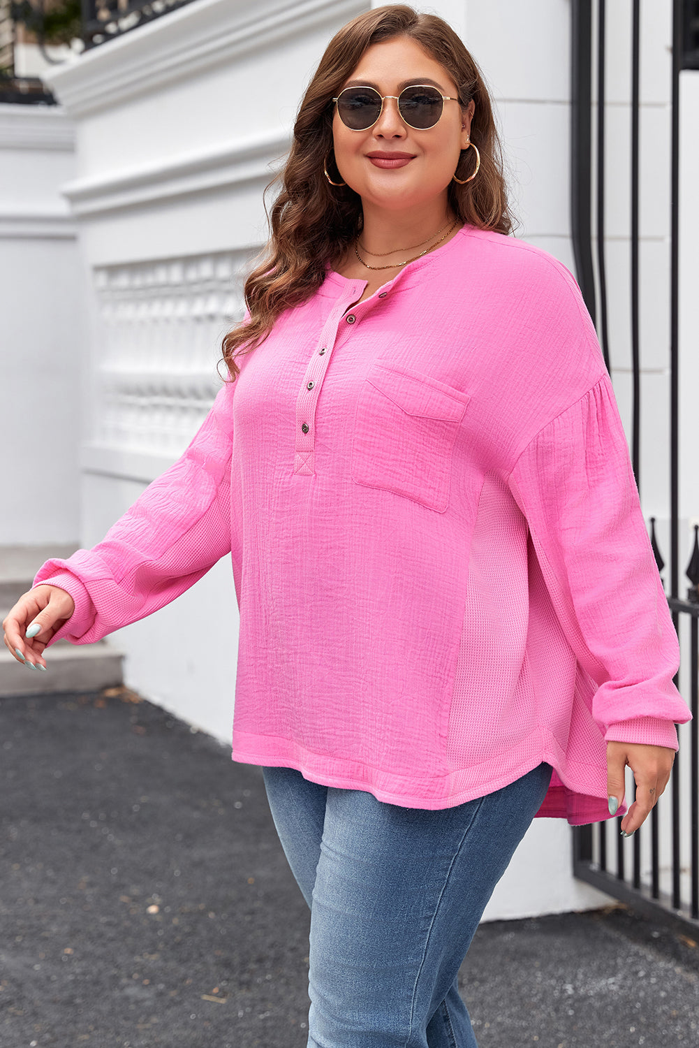 Pink Half Button Plus Size Top