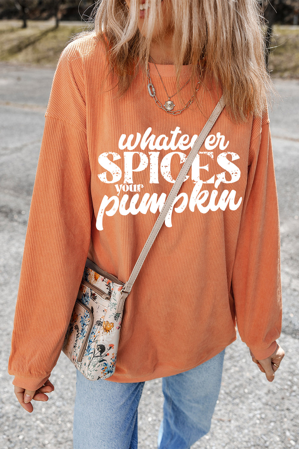Orange ‘Whatever Spices Your Pumpkin’ Corded Pullover Sweatshirt