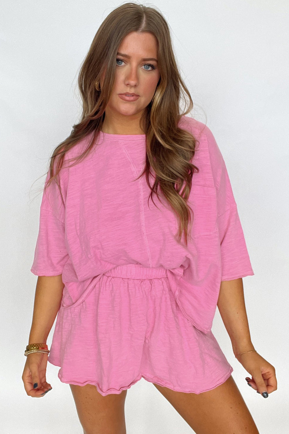 Sachet Pink Loose Fit Half Sleeve Shirt and Skirt Set