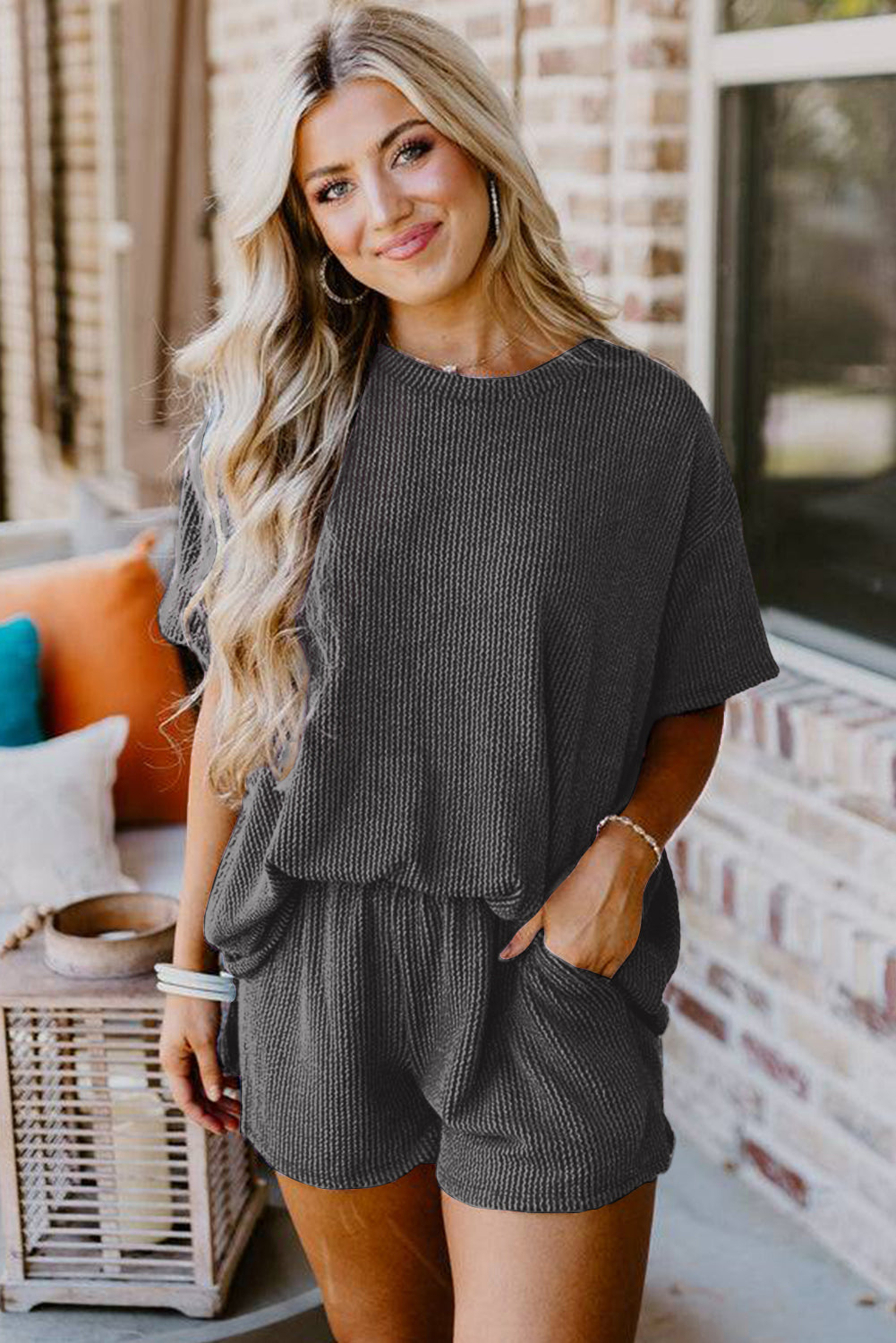 Carbon Grey Ribbed Knit Tee and Shorts Set