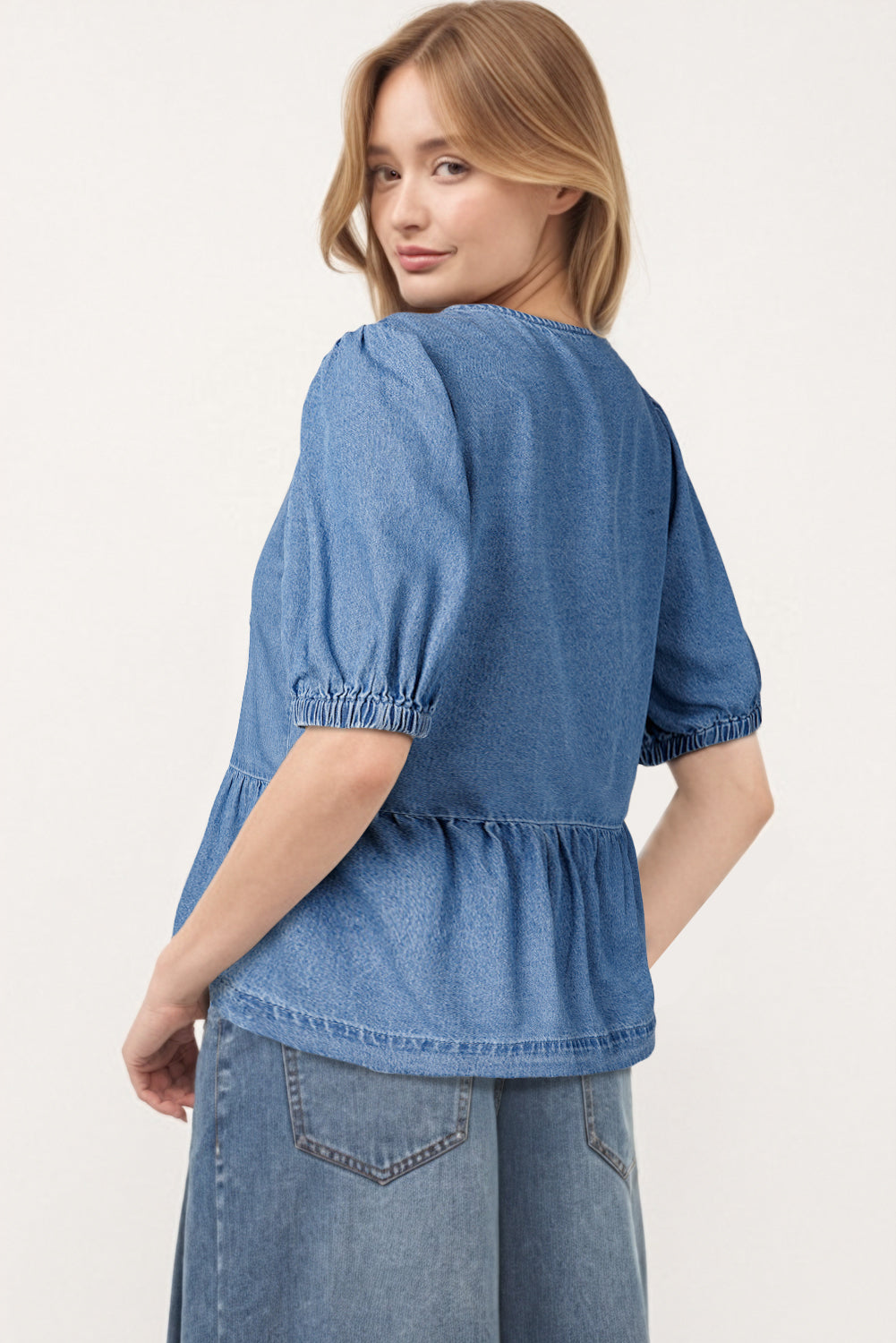 Denim Blue Tied Front Bubble Sleeve Shirt
