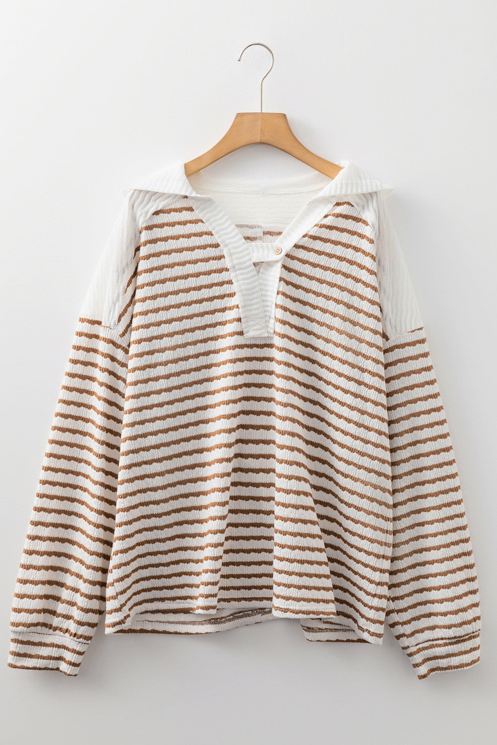 Khaki Stripe V Neck Hooded Plus Size Top