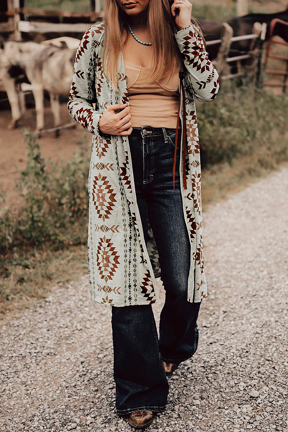 Brown Western Aztec Open Front Long Cardigan