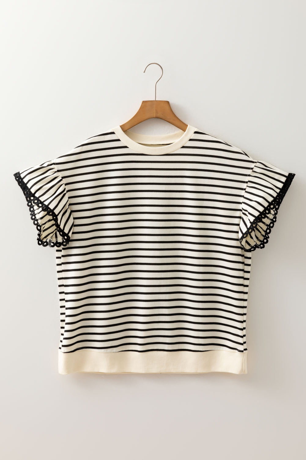 Black Stripe Trimmed Ruffled Short Sleeve Plus Size Top