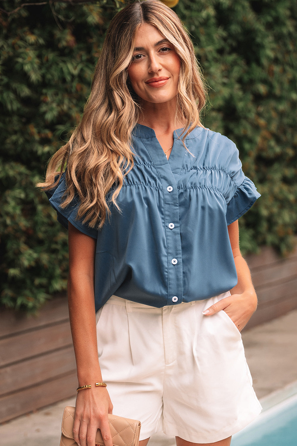 Blue Ruffle Ruched Short Sleeve Buttoned Shirt